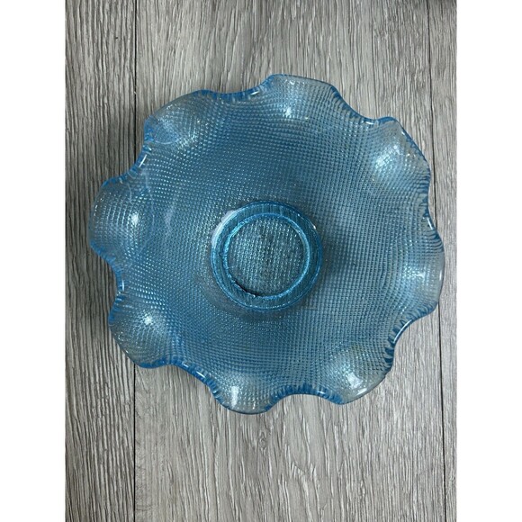 Vintage Blue Ruffled Edge Waffle Bowl & Saucer Colony Glass? - Picture 4 of 10